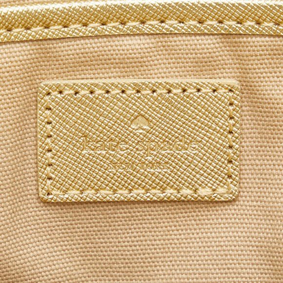 Kate Spade logo punched tote bag, gold leather handbag, women's.